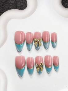 Bộ 10 móng tay giả gel đa giác thời trang thanh lịch, móng giả acrylic dán, phụ kiện nơ vàng, thiết kế móng kiểu Pháp màu xanh lấp lánh, thiết kế ombre vàng, món quà lý tưởng cho phụ nữ và bé gái, bao gồm dụng cụ làm móng (1 miếng dán gel + 1 dũa móng), 3 kích cỡ: hình hạnh nhân, hình mỏ vịt, hình quan tài, phù hợp cho sử dụng hàng ngày, dự tiệc, chụp ảnh, đám cưới, văn phòng và các dịp khác. Móng giả dán thủ công. - Nhiều màu - Xem 10