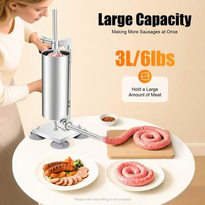 3L/6Lbs Hand-Crank Type Manual Vertical Sausage Filling Tool, Vertical Manual Sausage Stuffer, Stainless Steel Sausage Filling Tool, Manual Rotary Sausage Stuffing Tool, Comes With 4 Filling Tubes