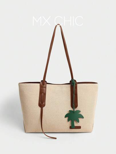 1pc Women's Contrast Color One Shoulder Tote Bag, Fashion Canvas With PU, Comes With Camel Charm, Suitable For Commuting, Office, Shopping, Holiday Gift