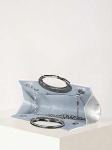 REMANLAND 轻盈商务休闲水钻装饰抽绳迷你水桶包，透明仿珍珠晚宴手拿包，优雅高端精致奢华水钻派对女士新娘完美晚宴圣诞婚礼礼服 - 銀色 - 查看 5