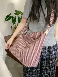 Lightweight Large Capacity Canvas Tote Bag, Fashionable Plaid Fabric, Casual College Style, Suitable For Middle/High School/University Students, Foldable Bucket Bag, Cute & Sweet Crossbody Bag - Multicolor - View 15