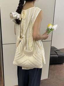 2026 New Spring/Summer Solid Color Woven Tassel Shoulder Bag, Fashionable Crochet Crossbody Bag Suitable For Beach Vacation And Daily Use - Beige - View 7