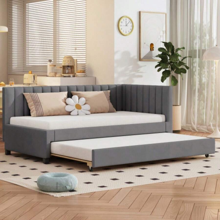 Upholstered Bed 90*200, Pull-Out Sofa Bed, Multifunctional Bed With Slatted Frame, Youth Beds, Children's Beds, Guest Beds, Velvet Fabric Grey - Grey - View 1