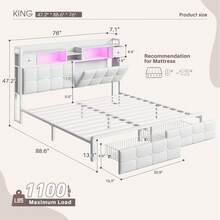 EnHomee Full/Queen/King Bed Frame With Hidden Storage Headboard & 4 Drawers Diamond-Tufted Upholstered Leather Platform Bed With LED Lights & Charging Station, White - 白色 - 查看 13