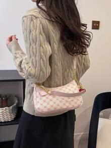 Nuova borsa a mezzaluna in colore unito, in materiale PU impermeabile e resistente, con decorazione a stella rosa, stile classico e versatile. Borsa a tracolla con catena, portafoglio da donna con ciondolo a forma di ciliegia, elegante e adatta per l'ufficio e gli spostamenti. Leggera, con ampio spazio di archiviazione, adatta per lo shopping, gli eventi e altre occasioni. Può essere indossata a tracolla. - Rosa - Visualizzare 6