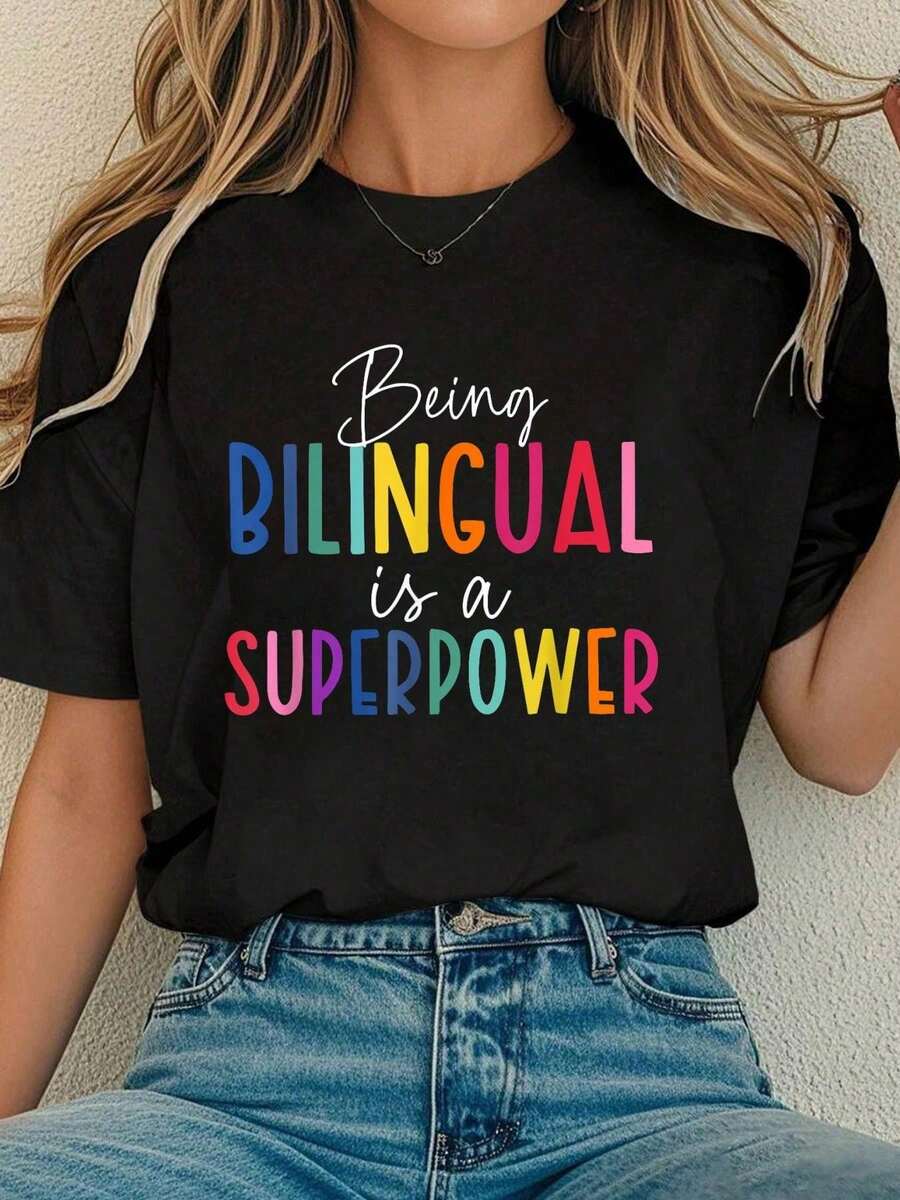 Women Cotton Tshirt Being Bilingual Is A Superpower Spanish Mexican Teacher T-Shirt Comfort Tshirt - 黑色 - 查看 1