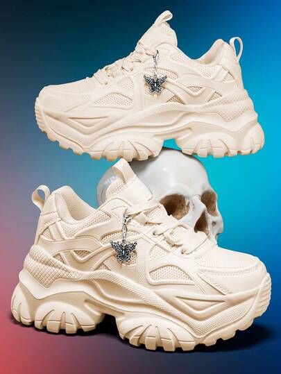 7cm Elevator Women's Outdoor Casual Sports Shoes, Punk Style 3D Detachable Metal Silver Butterfly Decor Chain, EVA Thick Sole High-Platform Beige High Heels, Lightweight Soft Shock-Absorbing Non-Slip Round Toe Lace-Up Sneakers, Suitable For College Students, Teenagers, Daily, Dating, Gym, Office Wear