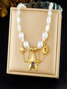 1 pieza Collar corto de mujer con colgante de octágono y estrella de cinco puntas, estilo de moda callejera dulce y moderno - Dorado - Ver 4