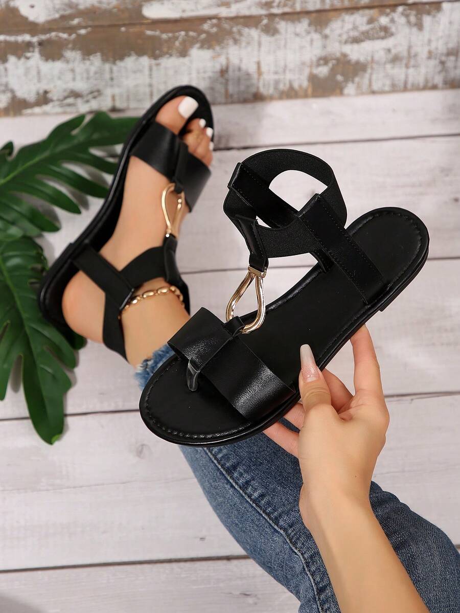 Women's Fashion High-Top Roman Sandals, Minimalist Round Toe Iron Buckle Design Flat Sandals, Elegant Woven Strap Detail Shoes - Black - View 1