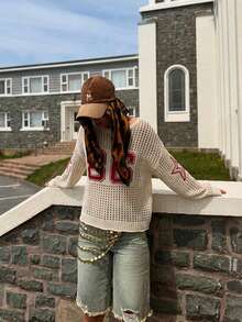 Women's New White Hollow-Out Numeric Jacquard Loose Knit Long Sleeve Top, Y2K Casual American Retro Fashion Comfortable Basic Fitness Running Cycling Spring/Summer Sweater - Multicolor - View 6