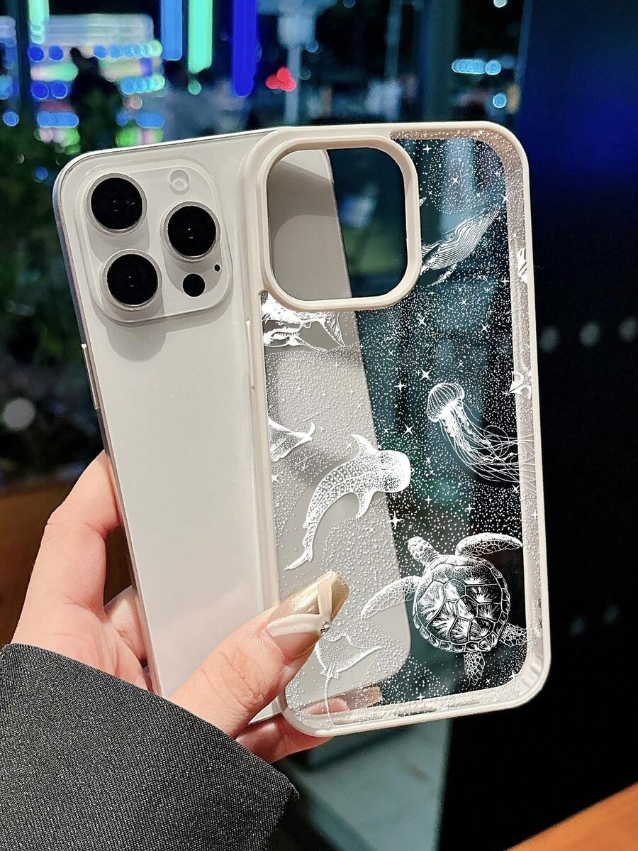 1pc Dreamy Starry Ocean Creature Print Design Phone Case, Healing Style Shock-Proof Protective Cover, Compatible With IPhone 17/17 Pro/17 Pro Max/16/15/14/13/12/11, Great Gift For Couples, Family, Friends - Beige - View 1