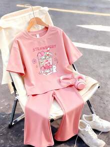 This Casual Set Features A Unique Letter Print Design, Including A Pink Short Sleeve Round Neck T-Shirt And A Pink Flare Pants. - Pink - View 1
