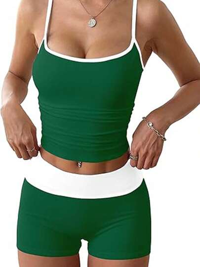 Womens Casual 2 Piece Outfits Set Sleeveless Cami Tops Fold-Over Micro Shorts Set Loungewear Streetwear