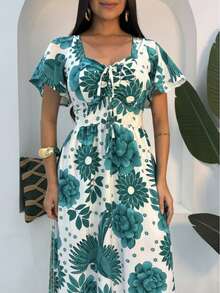 Women's Long Dress With Sleeves - 淺綠色印花 - 查看 3