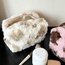 豹纹毛绒枕套、化妆包、收纳包、旅行洗漱包、拉链方形手拿包 - 杏色 - 查看 3