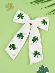 1pc St. Patrick's Day White Green Girls Hair Bows,Fabric Clover Leaf Decor Bow Hair Clips For Girls ,Fashion Alligator Clips St. Patrick's Day Hair Accessories For Girls St. Patrick's Day Gifts - Green - View 5
