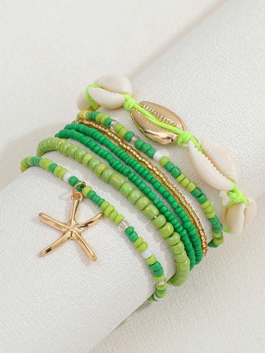 Set de 7 piezas de pulsera de estilo bohemio con concha y cuentas, con colgante de estrella de mar (colores de cuentas surtidos) - Verde - Ver 1