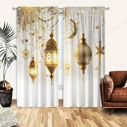 2pcs Ramadan Eid Themed Polyester Curtains, High Definition Digital Printing Lighting Pattern, Rod Pocket Design, Fade-Resistant, Light Filtering, Machine Washable, Peach Velvet Fabric