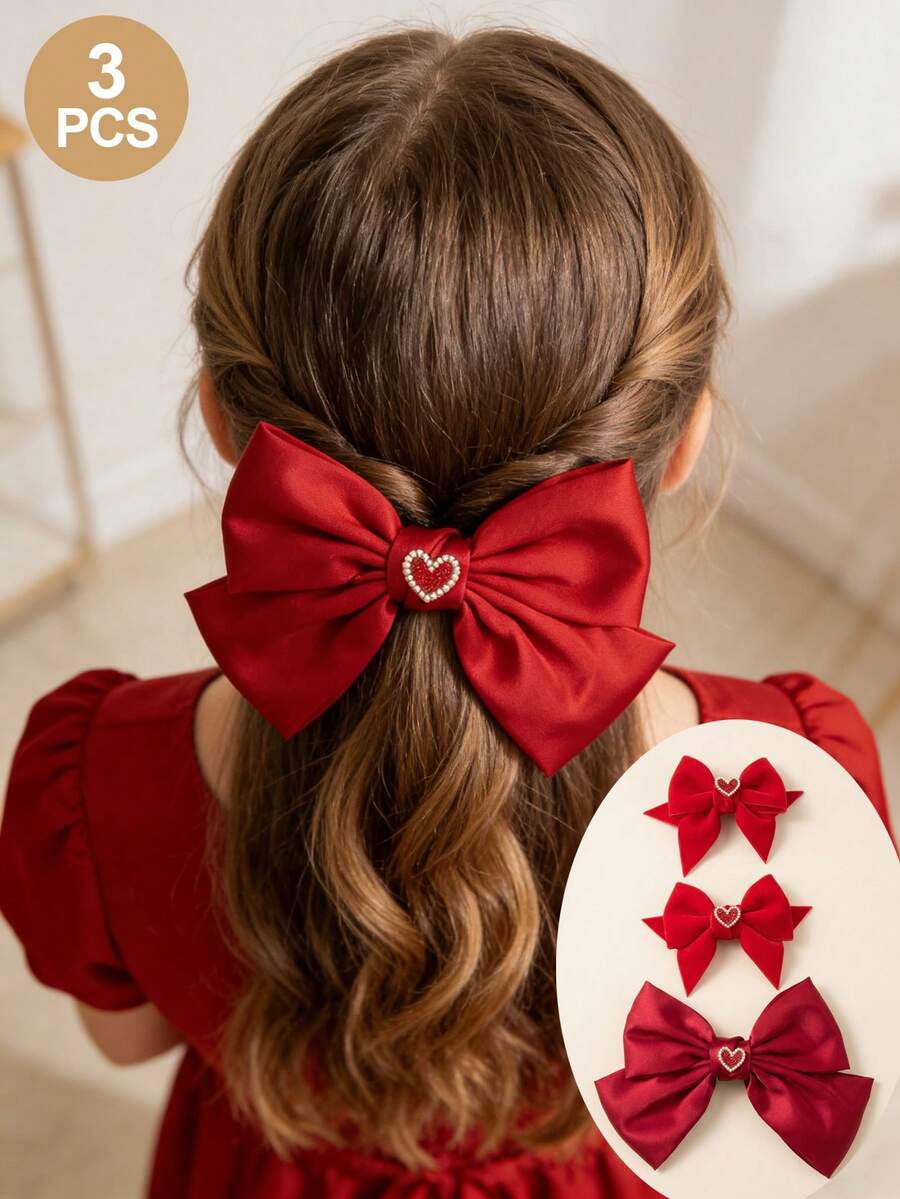 3 st. hårnålar med rosett, hjärtformade hårspännen med rosett, söta och utsökta accessoarer, söta hårnålar, håraccessoarer för barn, håraccessoarer för småbarn, kläder för fyra årstider, lämpliga för både hem och utflykter, barnpresenter, lämpliga för turistfotografering, högtidsfester - Multifärgad - Visa 1