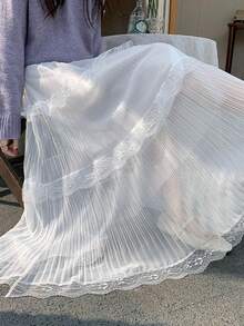 2026 Women's Spring/Summer New High Waist Slimming Lace & Mesh Patchwork Pleated A-Line Skirt With Draping Effect White - White - View 3