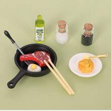 迷你娃娃屋仿真厨房用具食物玩具模型，包含煎锅、牛排、意大利面、油瓶，娃娃屋厨房场景，餐厅模型，场景装饰，仿真厨房用具套装 - 彩色 - 查看 8