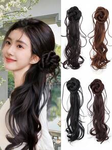 Synthetic Fiber Chinese Style Side-Claw Ponytail With Dragon Beard And Flower Bud Design, Natural And Fluffy Long Curly Hair For Women, Suitable For Tying With Ancient Style Cheongsam, Simulated Curly Ponytail Wig - Multicolor - View 9
