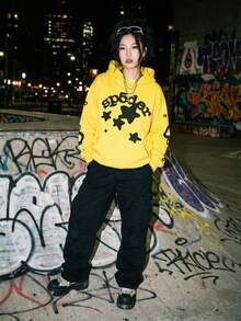 1pcs-Spider Wed Fashion Hip-Hop Printed Flower Hooide European And American Brand Large-Sized Loose Men's And Women's Hooded-280g Pure Heavy 100%Polyester - Yellow - View 4