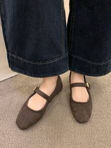 Women's Flat Shoes Retro Ballet Style Comfortable Low Heel Flat Shoes One-Strap Buckle Suede Mary Jane Flat Shoes, Brown - Coffee Brown - View 3