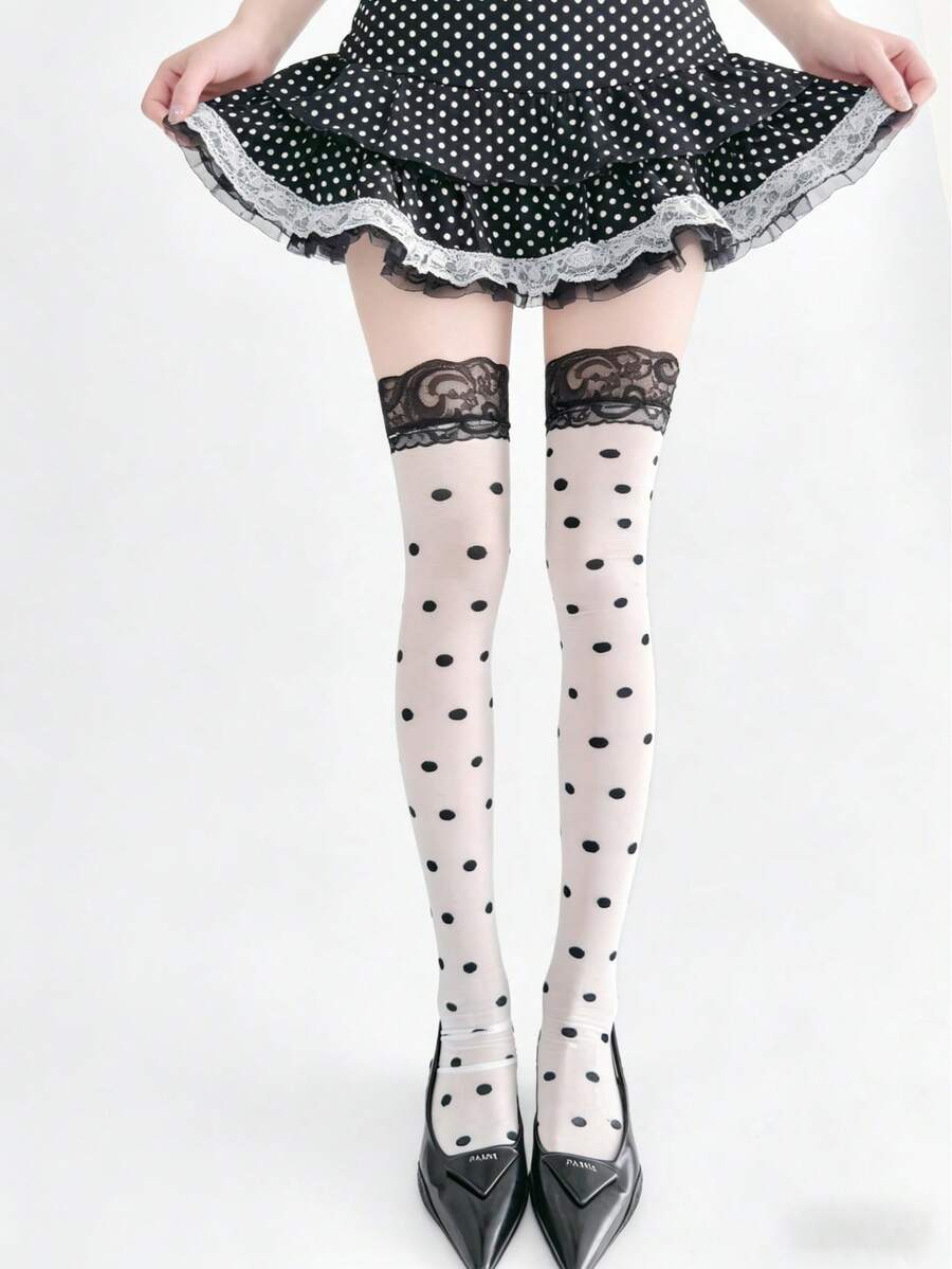 Medias por encima de la rodilla con lunares y encaje negro - Negro - Ver 1