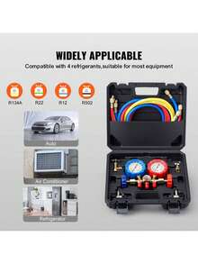 AC Gauge Set - 3 Way AC Manifold Gauge Set For R134A R22 R12 R502 Refrigerant, Freon Gauges With 5ft Hoses, Couplers, Can Tap Works On Car Auto Freon Charging And Evacuation - Multicolor - View 4