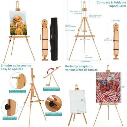 Portable Easel For Painting With Bag, Tilting Flat Amp Adjustable Beech Wood Art Easel Stand, Holds Canvas Up To 44, Tripod Field Easel For Adults, Artists, Beginners Natural