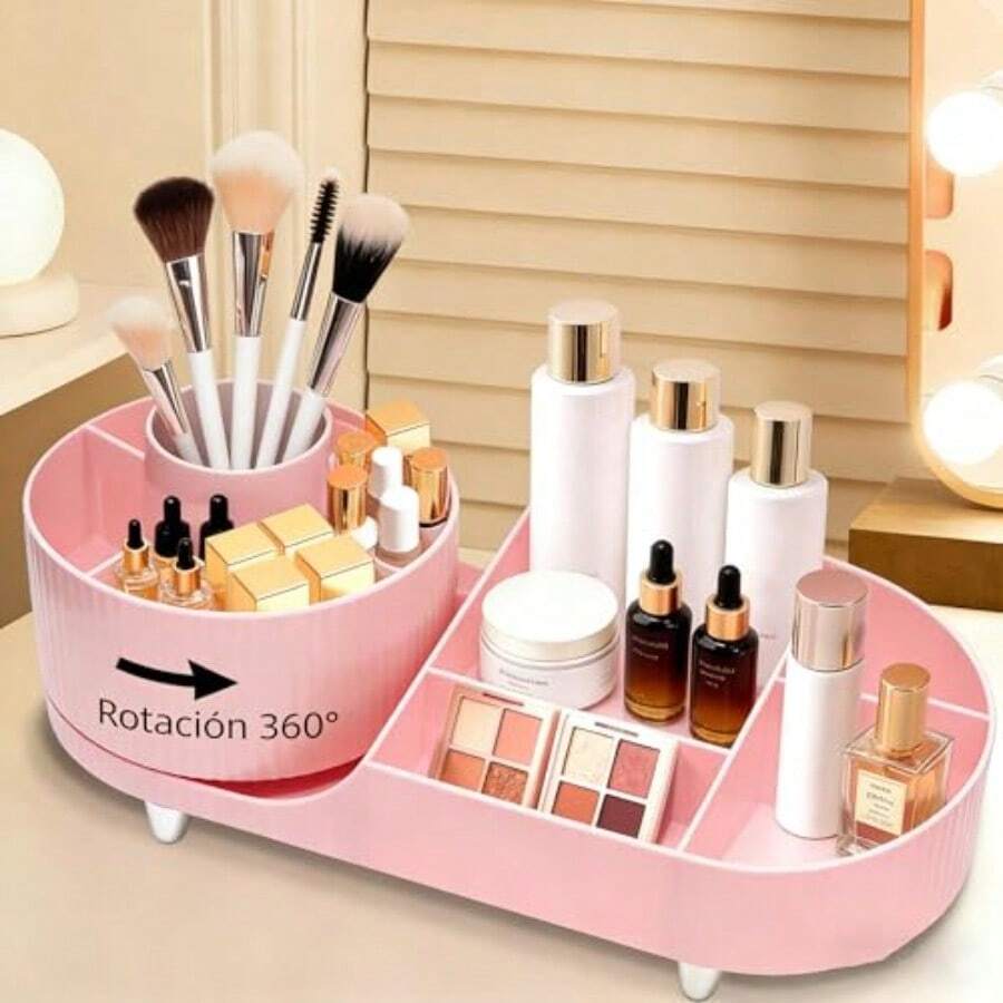 vanity tocadorOrganizador de  Gran Capacidad Organizador de Perfumes Giratorio de 360° Porta Brochas de  con 9 Compartimentos para Cosméticos Brochas Skincare Rosa - Rosa A - Ver 1