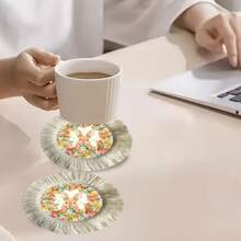 1/4/6pcs Easter Collection, Linen Printed Tasseled Placemat/Coaster With Little Rabbit Surrounded By Easter Eggs And Colorful Flowers - Multicolor - View 10