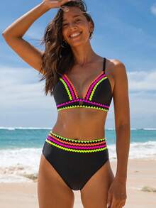 popvil Rainbow Ribbon Trim Black Bikini Swimsuit Set - Black - View 6