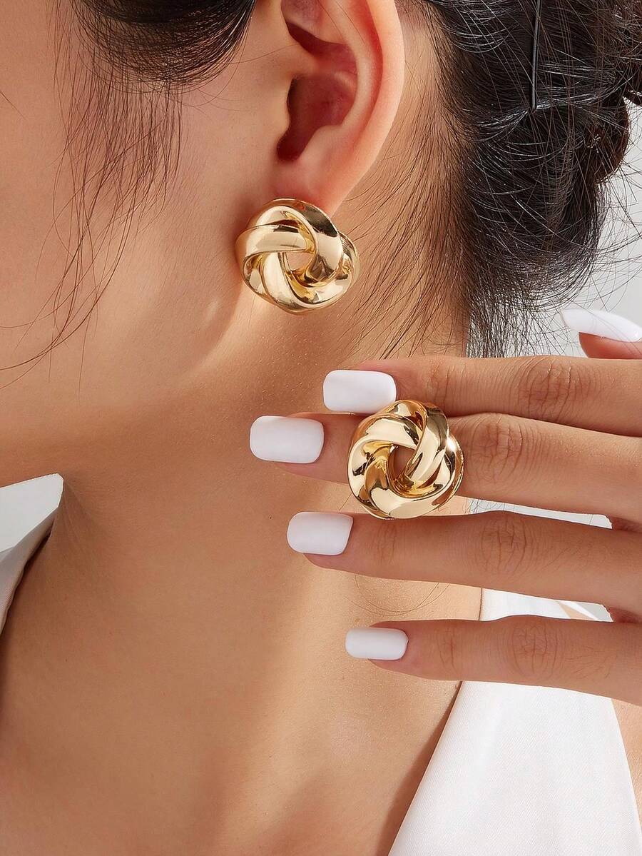 1pair Fashionable Twist Design Stud Earrings For Women For Daily Decoration - Gold - View 1