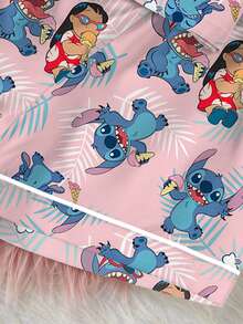 Disney Bộ đồ ngủ 2 mảnh in hình hoạt hình Stitch dành cho bé gái tuổi teen, chất liệu vải Charmeuse mềm mại và thoáng khí, áo tay ngắn và quần short cạp chun co giãn, phù hợp cho mọi mùa. - Hồng - Xem 4