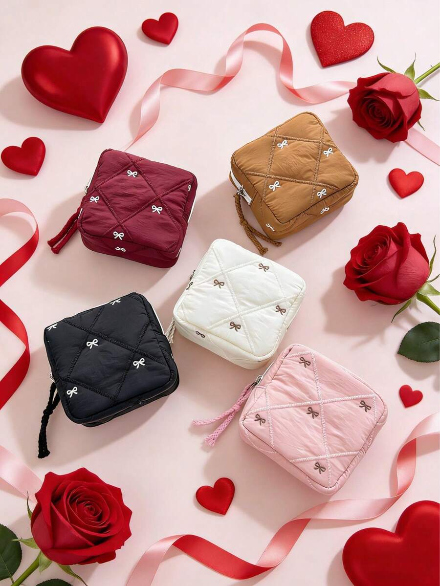1pc Mini Square Makeup Bag, Cute Bow Quilted Soft & Fluffy Small Square Pouch, Small Cosmetic Bag, Sanitary Pad/Jewelry/Coin Purse, Travel Portable Organizer, Multi-Purpose Daily Essentials Storage Bag