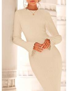 2026 Women's Fall Winter Bell Sleeve Crew Neck Ribbed Knit Bodycon Sweater Maxi Dress - Beige - View 6