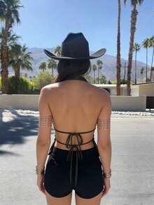 夏季性感露背系带束腰荷叶边上衣，女士休闲外出无袖系带露背吊带衫 - 墨綠色 - 查看 4