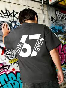 男童“67”趣味数字图案时尚夏季短袖T恤，适合休闲、上学和街头穿着。 - 深灰色 - 查看 4