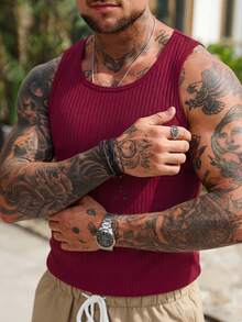ALTZTAR Men's Ribbed Sleeveless Round Neck Tank Top, Fashionable For Summer - Burgundy - View 5