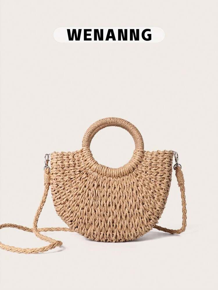 Round Top Handle Straw Bag For Women Woven Summer Bag Large Capacity Tote Bag For Half-Round Woven Straw Bag,Women's Summer Crossbody Bag,Casual Handbag For Mini Round Handle Straw Bag,Summer Essentials,Beach Essentials Women Bags For Vacation & Holiday,School Bag,Large Capacity,Portable,For Teen Girls Women College Students,Perfect For Office,College,Elementary School,Middle School,High School,Work,Business,Commute, Wicker Bag