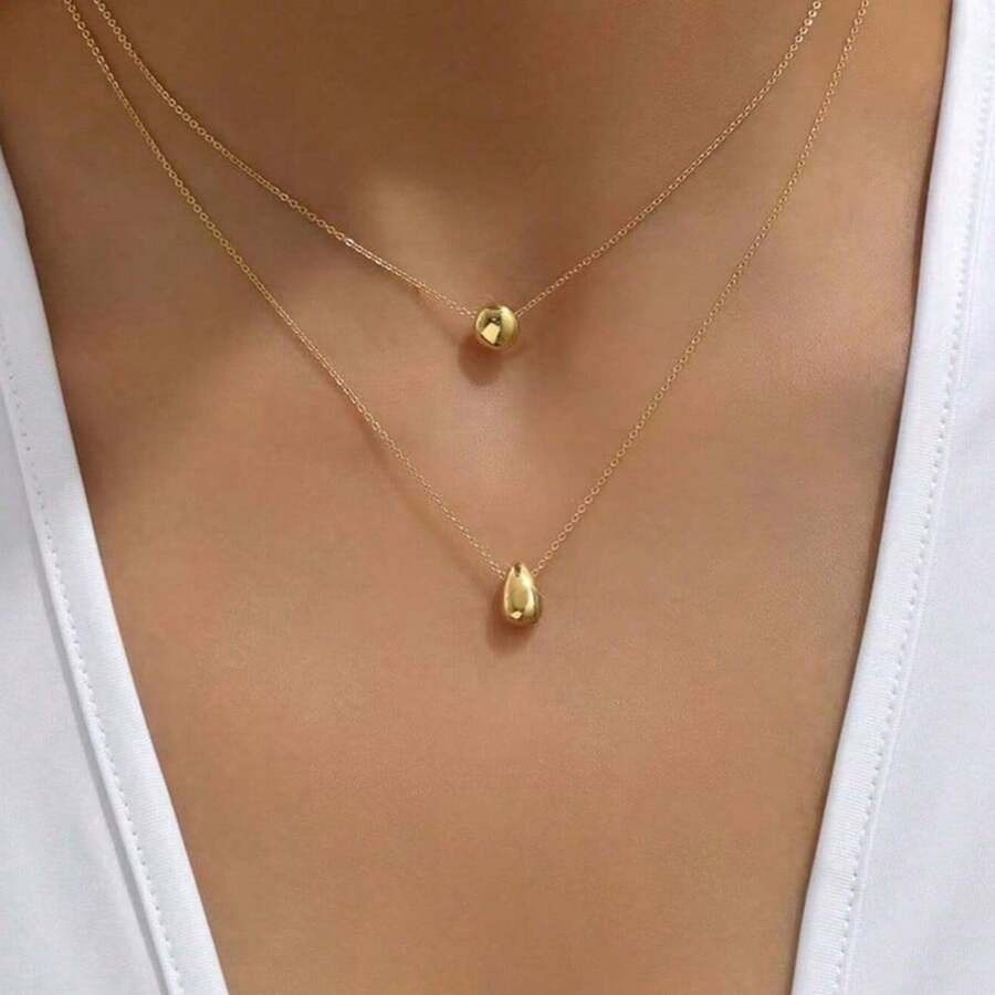 1 chiếc vòng cổ thép không gỉ hình giọt nước hai lớp thiết kế ngách dành cho nữ, phong cách tối giản - Dây chuyền bóng giọt nước 2 lớp - Xem 1