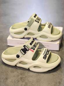 Men's Summer Letter Print Non-Slip Casual Slippers, EVA Lace-Up Hollow Breathable House, Beach, Water Shoes, Unisex Couple Styles - Green - View 3