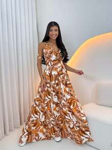 Women's Long Dress With Butterfly Knot - 棕色印刷 - 查看 3
