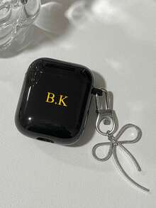 Personalized (2-Piece Set, Including Silver Bow Pendant Chain) Minimalist Glossy Black Earphone Case Compatible With AirPods 1/2 3 New 4 Pro 3, Customized Letter Name, Back To School, Valentine's Day Gift, Good Birthday Gift, Holiday Gift, Gift For Him/Her, Personalized Gift, Anniversary Gift, Wedding Gift, Personalized Gift For Dad/Mom - Black - View 4