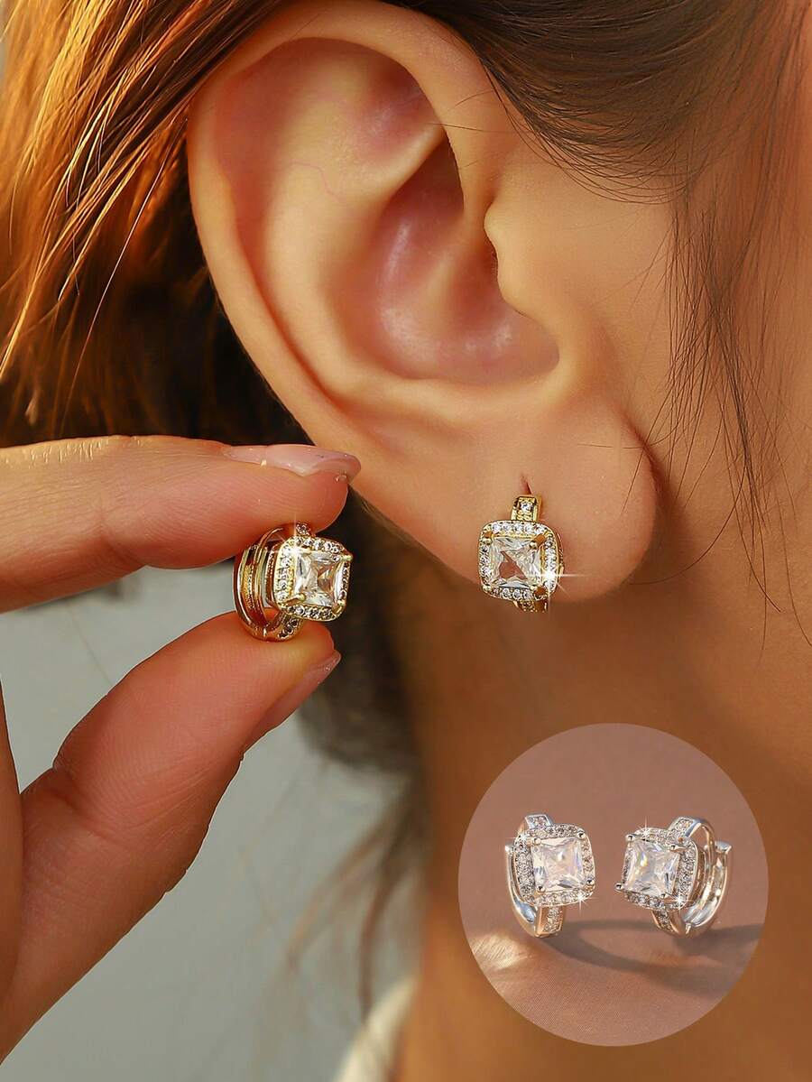 1 par de pendientes de aro cuadrados minimalistas de circonita, adecuados para el uso diario, citas, eventos sociales ligeros y eventos formales. Elegantes pero discretos. - Cuadrado - Ver 1