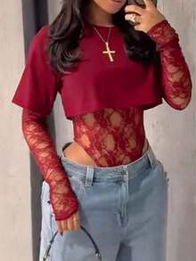 Women's Sheer Lace Short Sleeve Crop Top, Solid Color Lace Patchwork See-Through Bodysuit Daily Wear, Dating, Single Party, Stage Performance, Spring/Summer KI9I - Đỏ - Xem 12