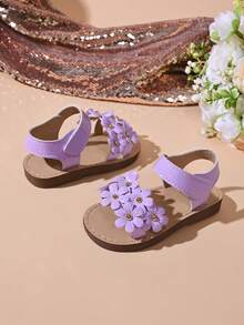 "Girls' Lavender 3D Floral Sandals – Adjustable Hook And Loop Strap, Soft Padded Footbed, Patent Upper, Cute Summer Kids Footwear" - Lilac Purple - View 5