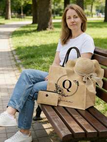 3pcs/Set Women Beach Tote Bag With Shoulder Strap, Beach Hat And Cosmetic Bag, Customizable Beach Bags,Customizable With A-Z Initial, Extra Large Capacity. Suitable For Wedding, Birthday, Beach And Holiday,Ideal For Fashion Lovers Who Love Personalized Items, Perfect For Shopping, Beach Vacation - Multicolor - View 6